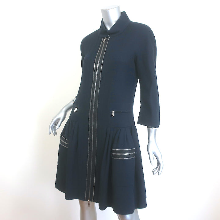 Chanel Zipper-Trimmed Ruffle Jacket Navy Cotton Pique Size 40