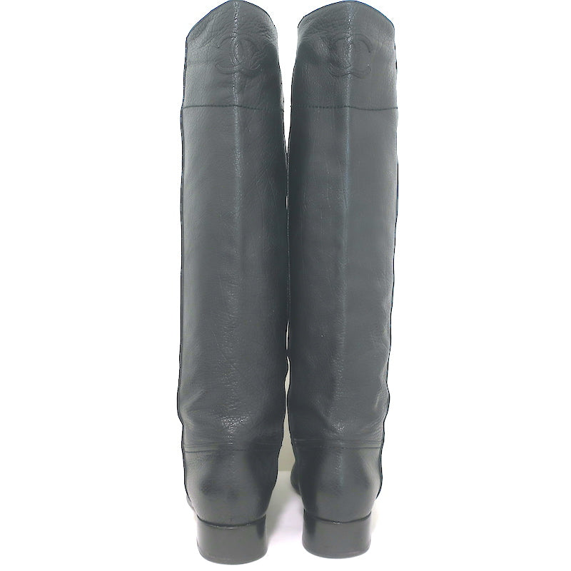 Chanel 14A CC Riding Boots Black Grained Leather Size 39