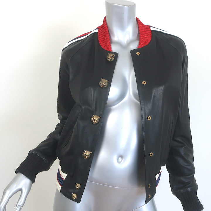 Gucci Hollywood Embroidered Leather Bomber Jacket Black Size 42