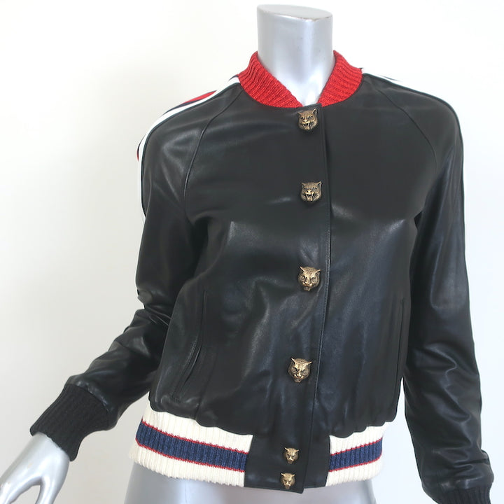 Gucci Hollywood Embroidered Leather Bomber Jacket Black Size 42