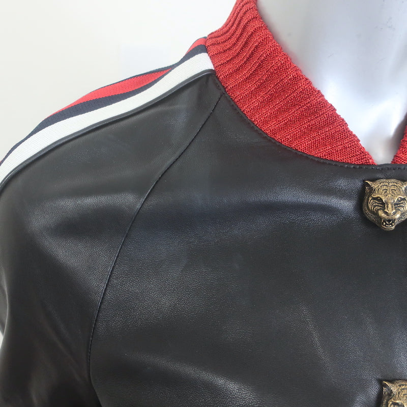 Gucci Hollywood Embroidered Leather Bomber Jacket Black Size 42