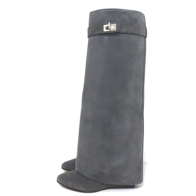 Givenchy Shark Lock Knee High Pant Boots Gray Suede Size 40.5