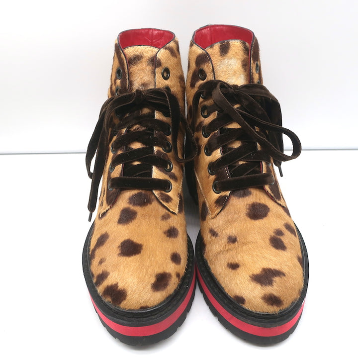 Mr &amp; Mrs Italy Leopard Print Pony Hair Combat Boots Size 37 Lace-Up Ankle Boots