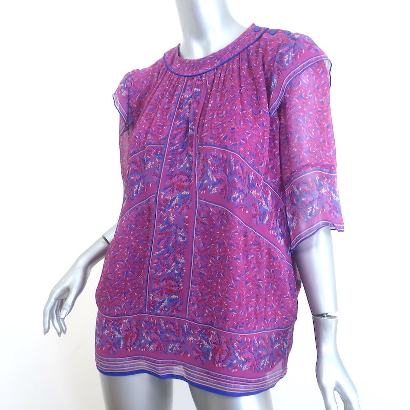 Ba&amp;sh Moccha Top Fuchsia Floral Print Chiffon Size 3 Short Sleeve Blouse