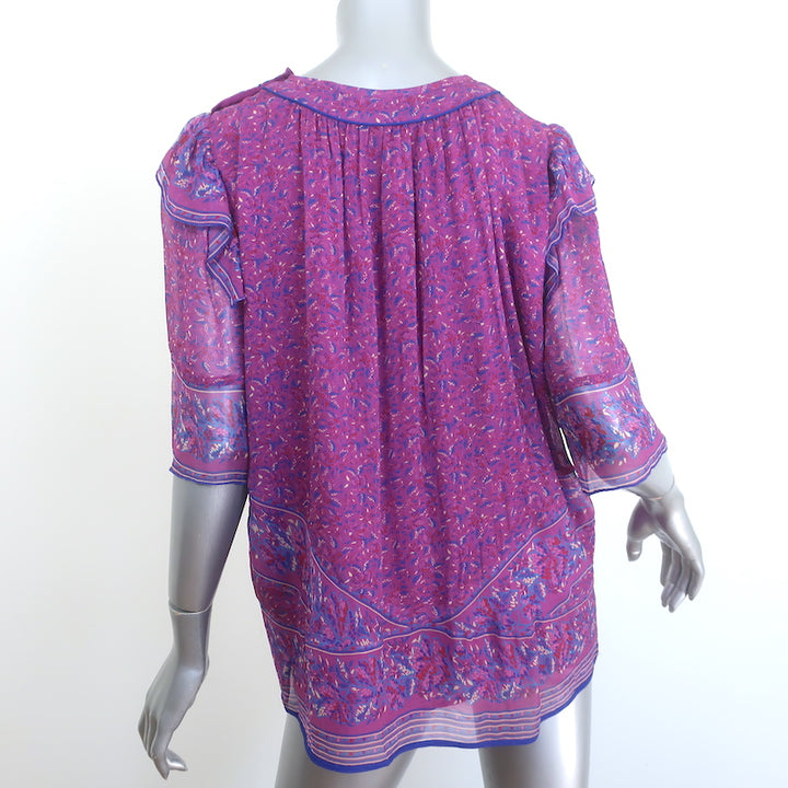 Ba&amp;sh Moccha Top Fuchsia Floral Print Chiffon Size 3 Short Sleeve Blouse