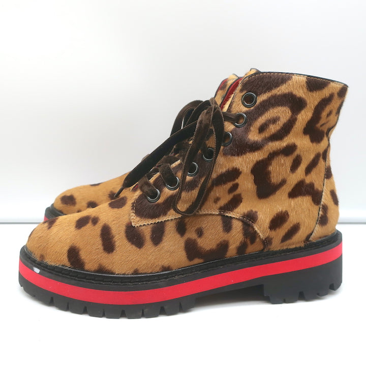 Mr &amp; Mrs Italy Leopard Print Pony Hair Combat Boots Size 37 Lace-Up Ankle Boots