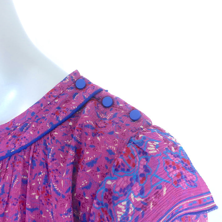 Ba&amp;sh Moccha Top Fuchsia Floral Print Chiffon Size 3 Short Sleeve Blouse