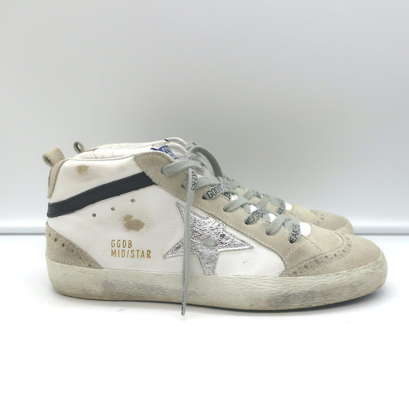 Golden Goose Mid Star Sneakers White &amp; Silver Metallic Leather Size 38