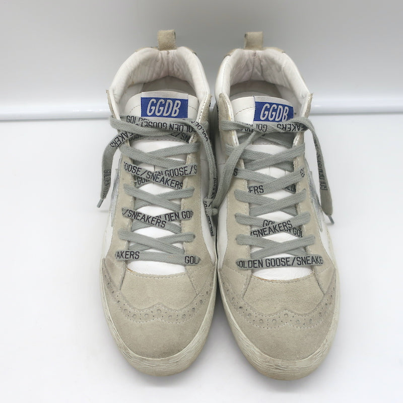 Golden Goose Mid Star Sneakers White &amp; Silver Metallic Leather Size 38