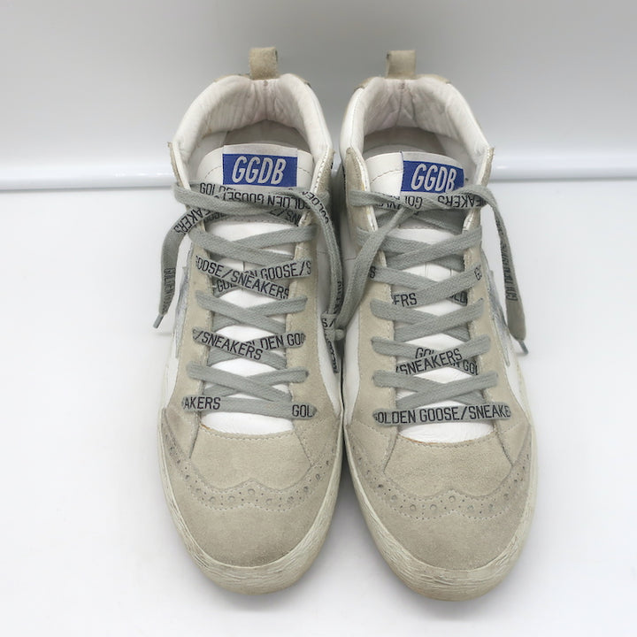 Golden Goose Mid Star Sneakers White &amp; Silver Metallic Leather Size 38