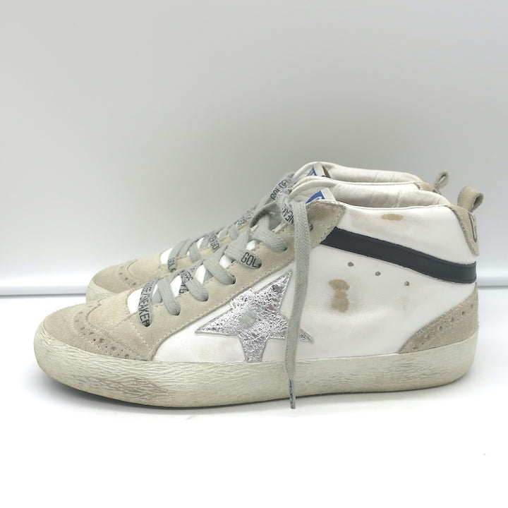 Golden Goose Mid Star Sneakers White &amp; Silver Metallic Leather Size 38
