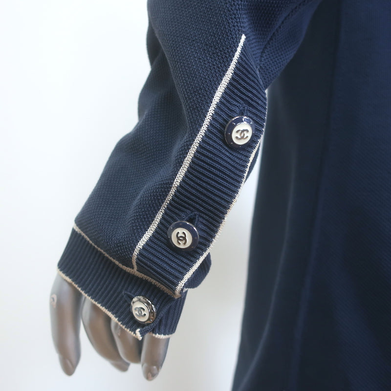 Chanel Cruise 2014 Piped V-Neck Long Cardigan Navy Cotton Pique Size 38
