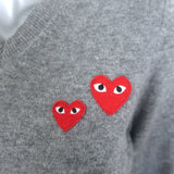 PLAY Comme des Garcons Double Heart V-Neck Sweater Light Gray Wool Size Medium