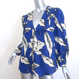 Veronica Beard Milan Top Blue Floral Print Silk-Blend Size 10 Puff Sleeve Blouse