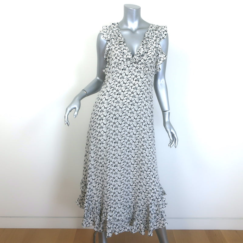 Zimmermann Ruffled Tie-Belt Midi Dress White/Black Floral Print Silk Size 2