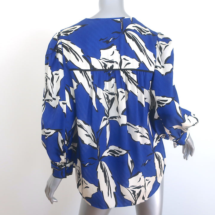 Veronica Beard Milan Top Blue Floral Print Silk-Blend Size 10 Puff Sleeve Blouse