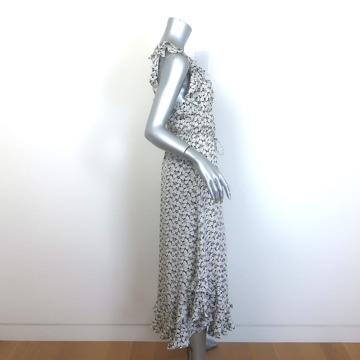 Zimmermann Ruffled Tie-Belt Midi Dress White/Black Floral Print Silk Size 2