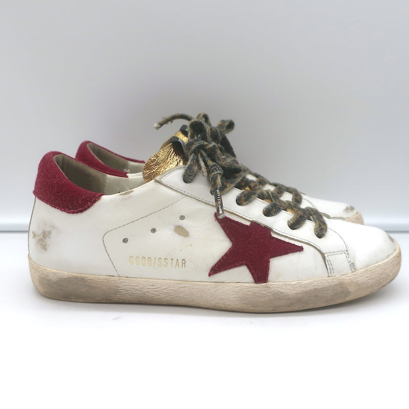 Golden Goose Superstar Low Top Sneakers White Leather &amp; Burgundy Suede Size 38