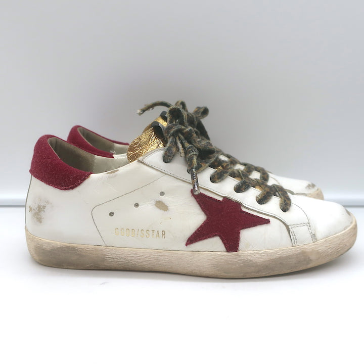Golden Goose Superstar Low Top Sneakers White Leather &amp; Burgundy Suede Size 38