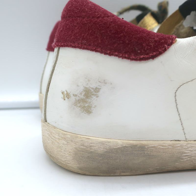 Golden Goose Superstar Low Top Sneakers White Leather &amp; Burgundy Suede Size 38