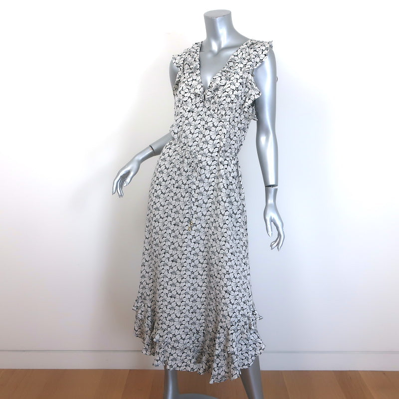 Zimmermann Ruffled Tie-Belt Midi Dress White/Black Floral Print Silk Size 2