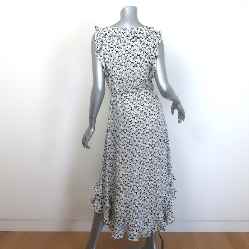 Zimmermann Ruffled Tie-Belt Midi Dress White/Black Floral Print Silk Size 2