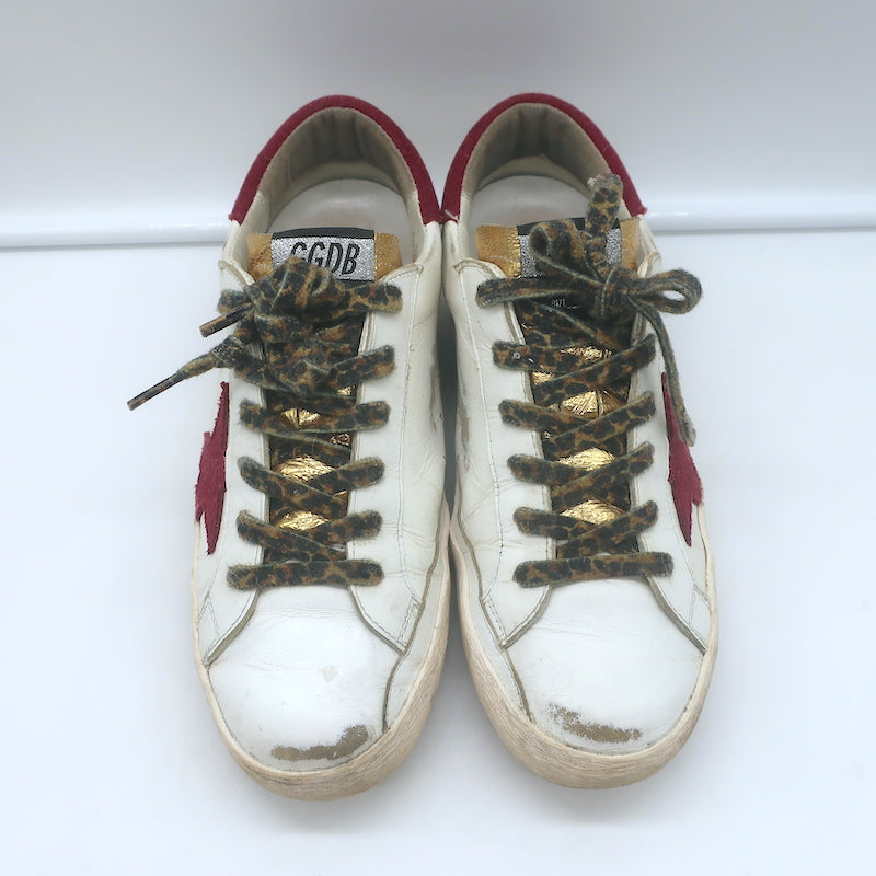 Golden Goose Superstar Low Top Sneakers White Leather &amp; Burgundy Suede Size 38