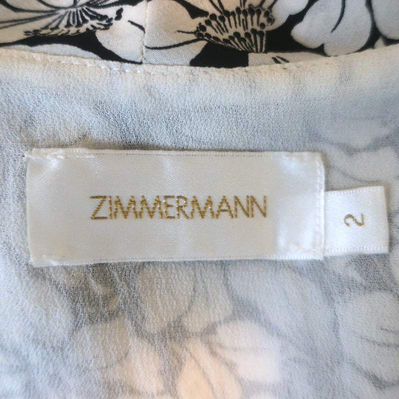 Zimmermann Ruffled Tie-Belt Midi Dress White/Black Floral Print Silk Size 2
