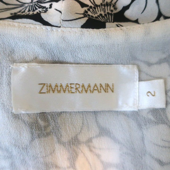 Zimmermann Ruffled Tie-Belt Midi Dress White/Black Floral Print Silk Size 2