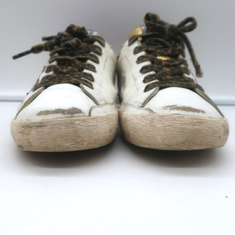 Golden Goose Superstar Low Top Sneakers White Leather &amp; Burgundy Suede Size 38
