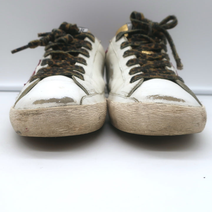 Golden Goose Superstar Low Top Sneakers White Leather &amp; Burgundy Suede Size 38