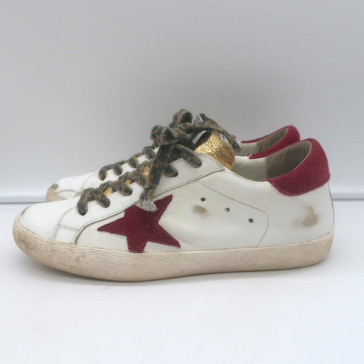 Golden Goose Superstar Low Top Sneakers White Leather &amp; Burgundy Suede Size 38
