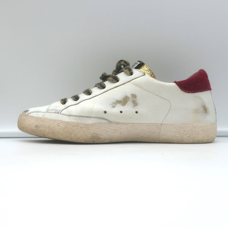 Golden Goose Superstar Low Top Sneakers White Leather &amp; Burgundy Suede Size 38