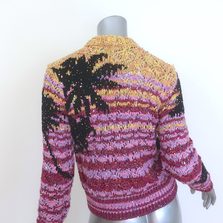 Chanel 24C Palm Tree Jacquard Knit Sequin Cardigan Pink/Yellow Size 34