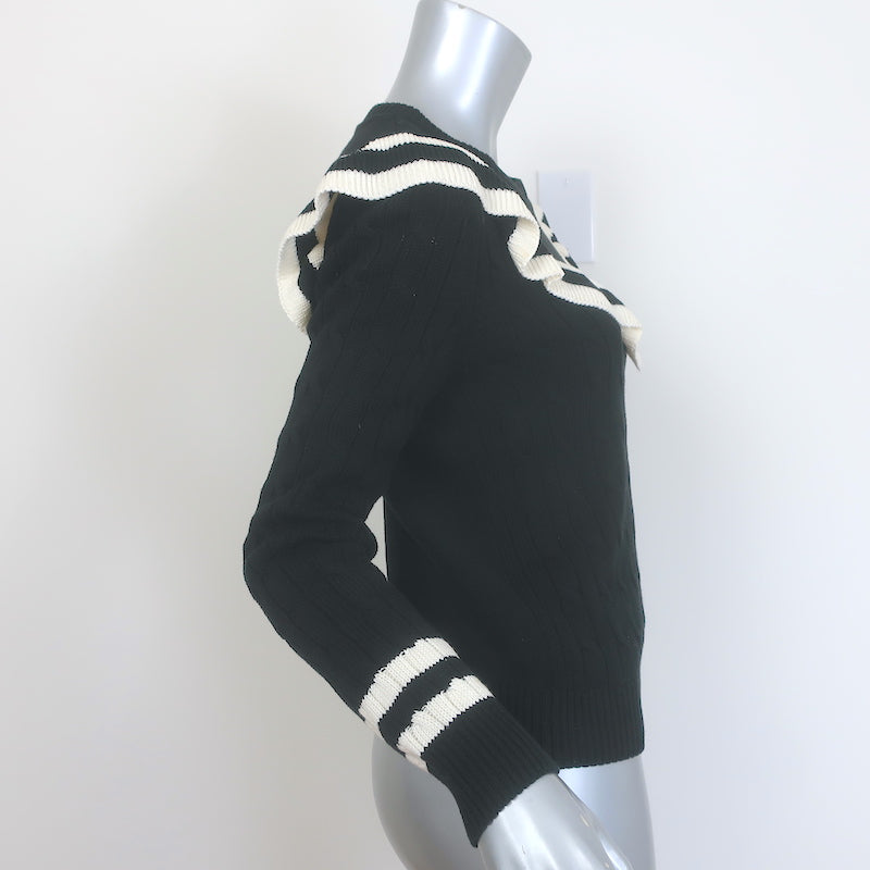 RED Valentino Striped Ruffle Sweater Black Cable Knit Cotton Size Small
