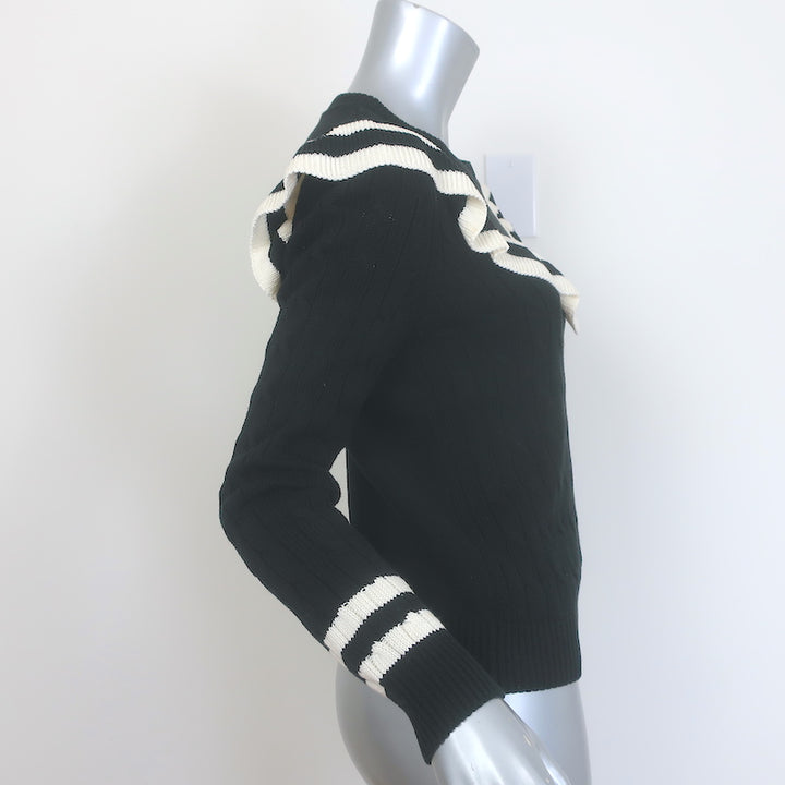 RED Valentino Striped Ruffle Sweater Black Cable Knit Cotton Size Small