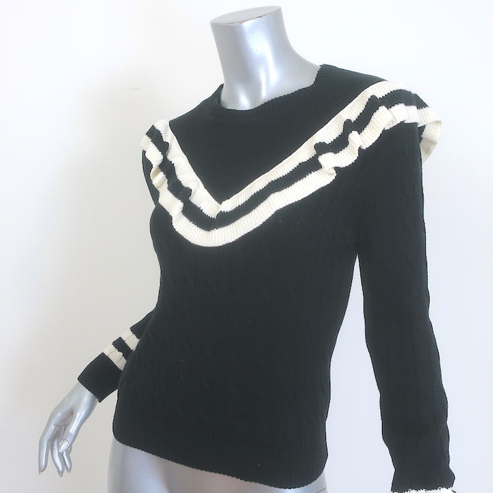 RED Valentino Striped Ruffle Sweater Black Cable Knit Cotton Size Small