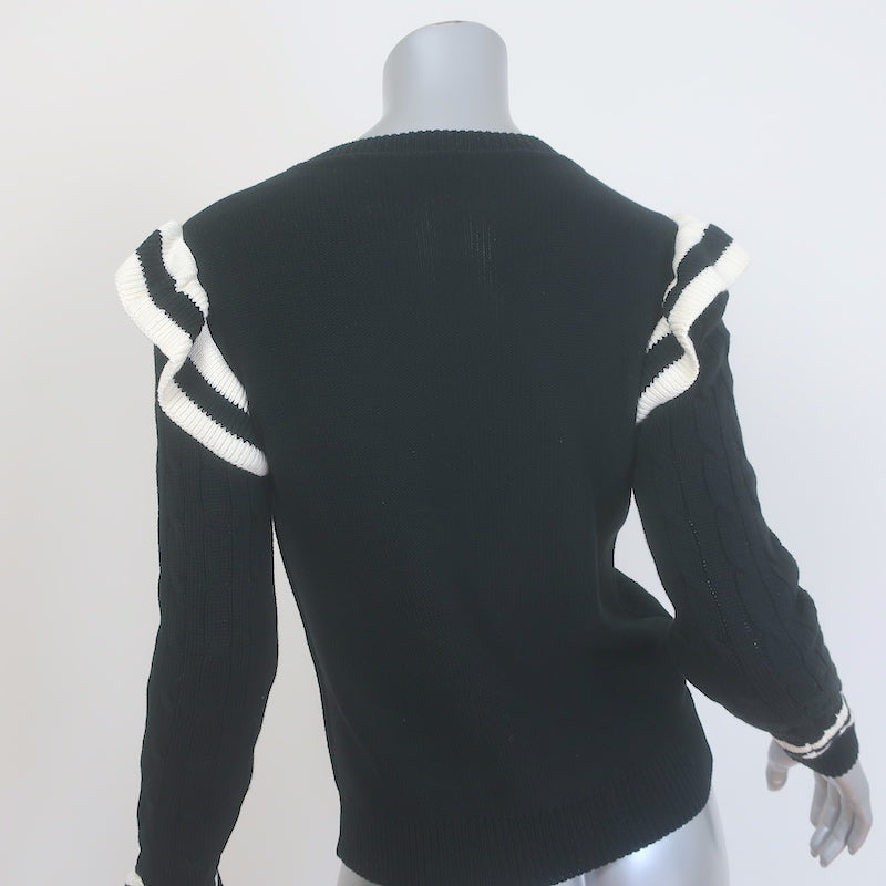 RED Valentino Striped Ruffle Sweater Black Cable Knit Cotton Size Small
