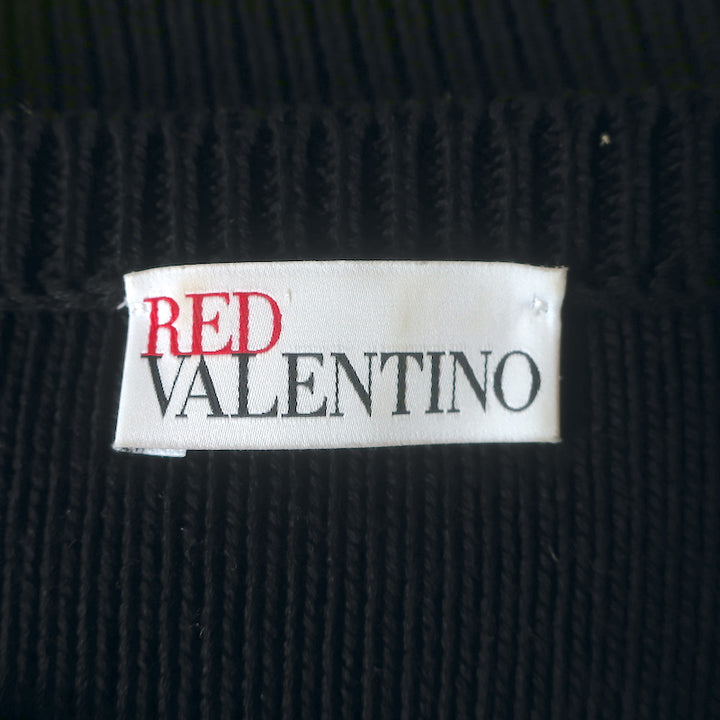 RED Valentino Striped Ruffle Sweater Black Cable Knit Cotton Size Small