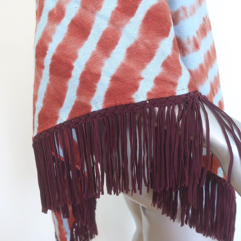 Bajra Tie Dye Triangle Shawl with Suede Fringe Periwinkle/Clay Cashmere-Silk NEW