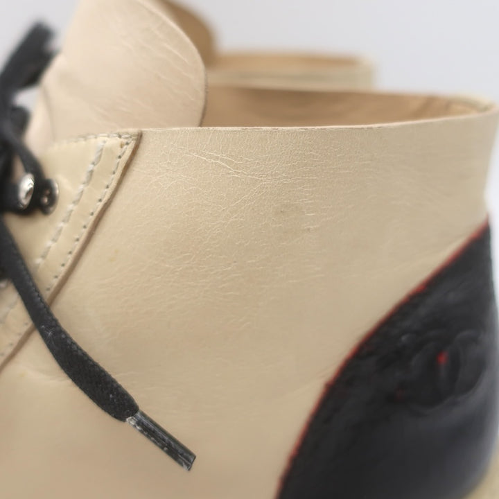 Chanel CC Bicolor Cap Toe Lace-Up Ankle Boots Beige &amp; Black Leather Size 39