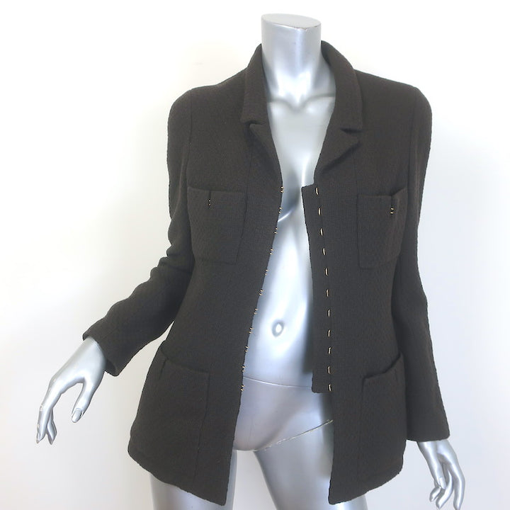 Vintage Chanel 96A Hook &amp; Eye Tweed Jacket Dark Brown Wool Size 38