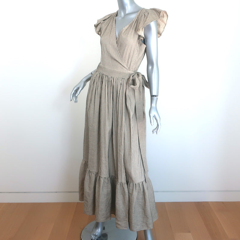 THE GREAT Flutter Sleeve Maxi Wrap Dress Beige Striped Linen-Cotton Size 1