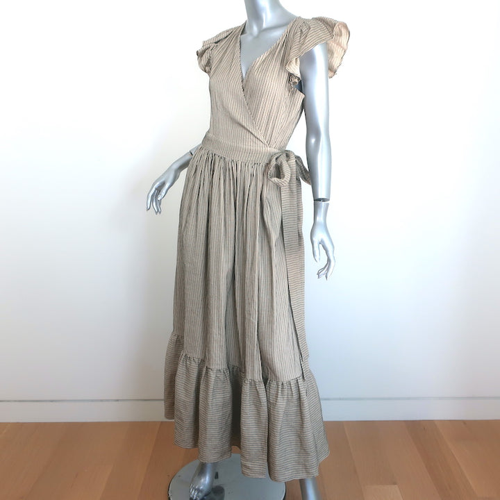 THE GREAT Flutter Sleeve Maxi Wrap Dress Beige Striped Linen-Cotton Size 1
