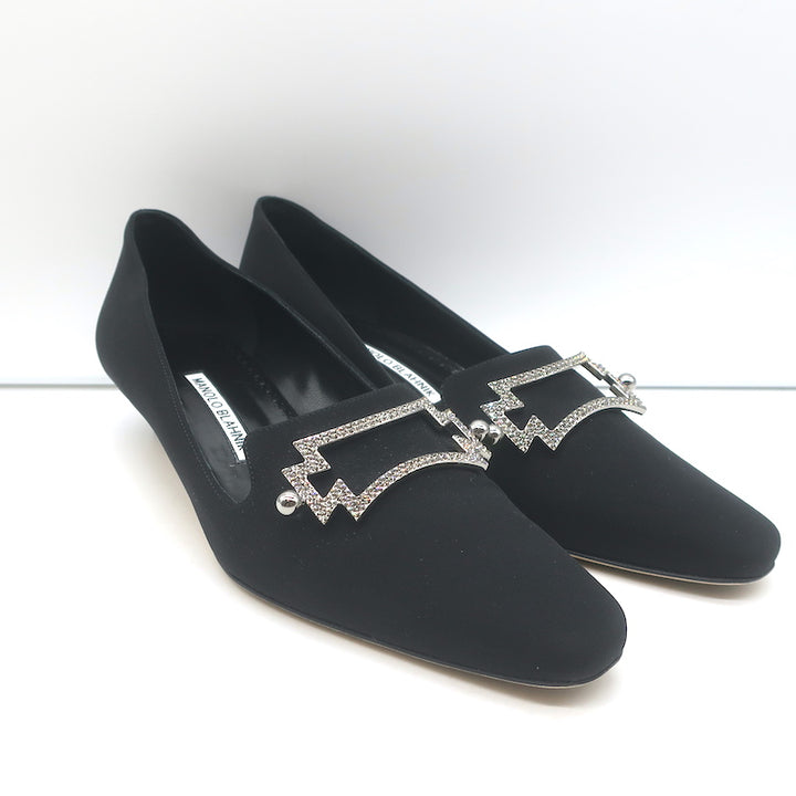 Manolo Blahnik Ansulialo 30 Crystal-Buckle Kitten Heel Pumps Black Silk Size 41