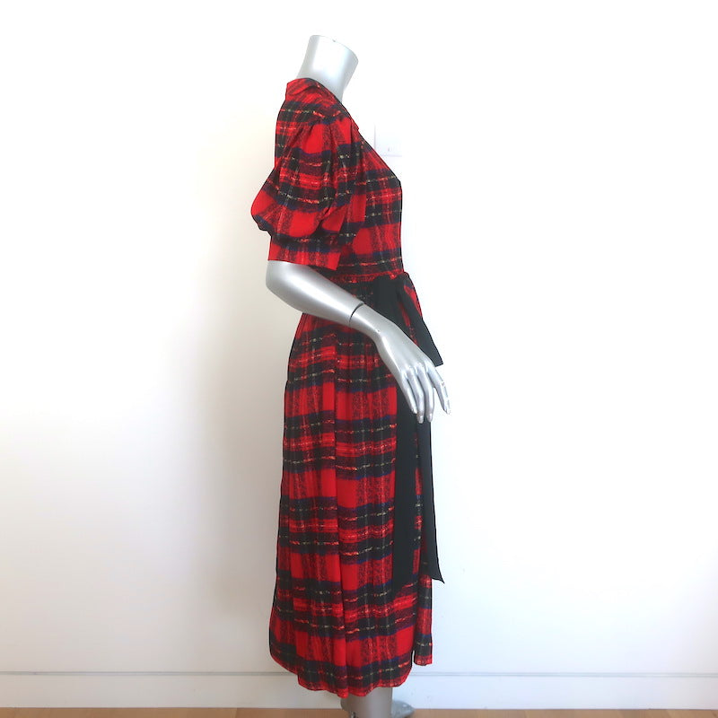 Simone Rocha Tartan Puff Sleeve Bow-Side Midi Dress Red Size UK 6