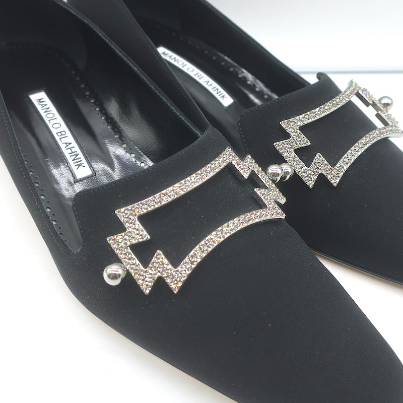 Manolo Blahnik Ansulialo 30 Crystal-Buckle Kitten Heel Pumps Black Silk Size 41