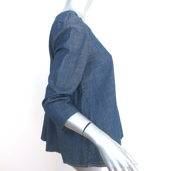 THE GREAT Denim Puff Sleeve Top Blue Cotton Size 0