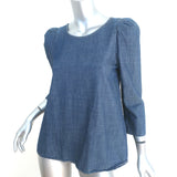 THE GREAT Denim Puff Sleeve Top Blue Cotton Size 0