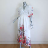 Zimmermann Poppy Shirred Waist Midi Dress White Floral Print Linen Size 2